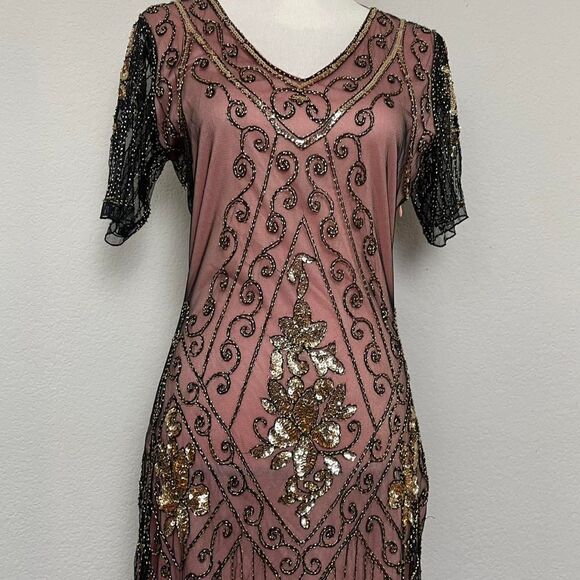 Beaded Pink Black Flapper Dress Fringe Vintage Gold Sequins Bias Cut Size M - Picture 2 of 8
